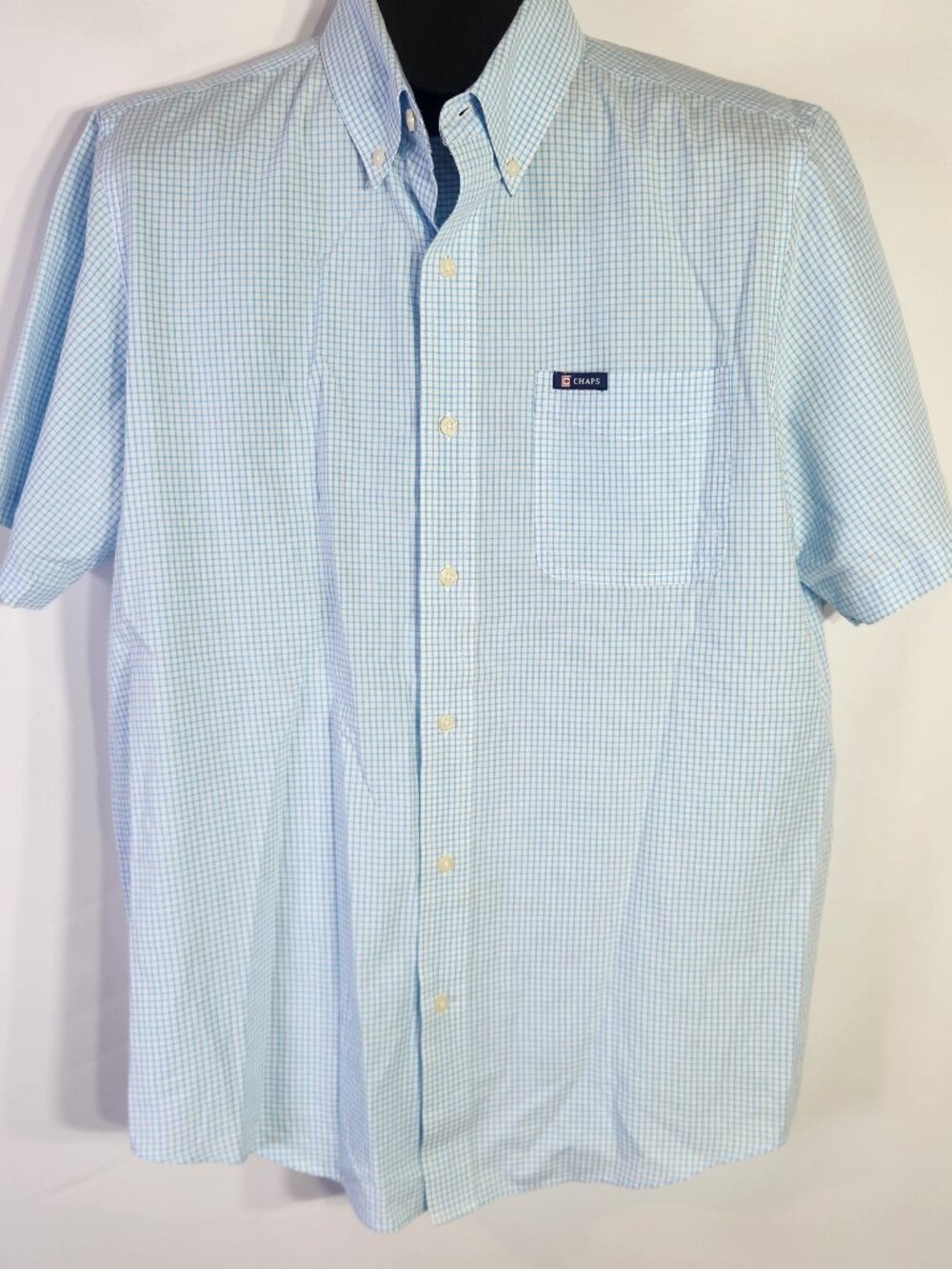 Chaps Easy Care Light Blue Checkered Short Sleeve Button Up Shirt – Size L